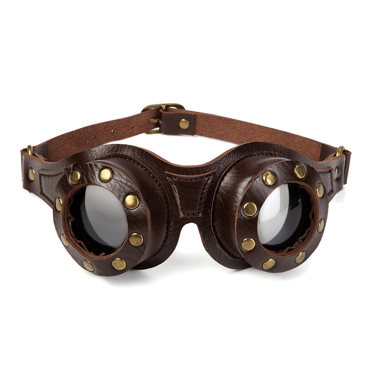 A pair of Steampunk Industrial Retro Goggles with brown leather straps made by Maramalive™.