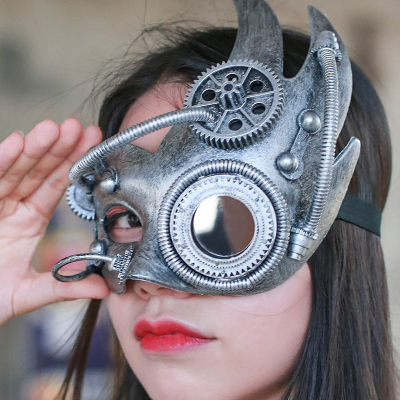 A woman in a black shirt holding a Maramalive™ Mechanical Steampunk Retro Half Face Mask.