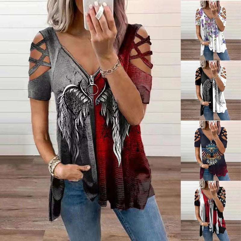 A person stands indoors wearing a red and gray split-toned Maramalive™ Printed Contrast Color Short-sleeved V-neck Women's T-shirt with cut-out shoulder designs and an angel wing graphic. The cotton blended image also shows four similar tops in various street hipster colors and patterns.