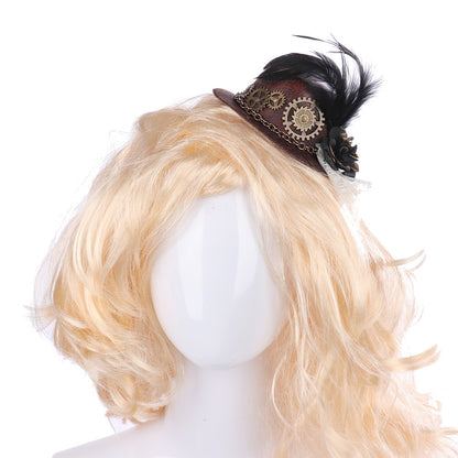 A Maramalive™ Halloween Gothic Mini Top Hat Steampunk Little Hat with gears and feathers on a white background.
