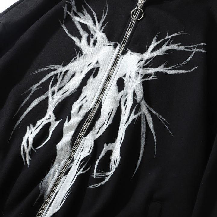 A close-up of a black Maramalive™ FallWinter College BF Wind Hooded Cardigan Sweatshirt National Tide Printed Loose Sports Casual Hoodie with a silver zipper and a white abstract tree-like design on the front.