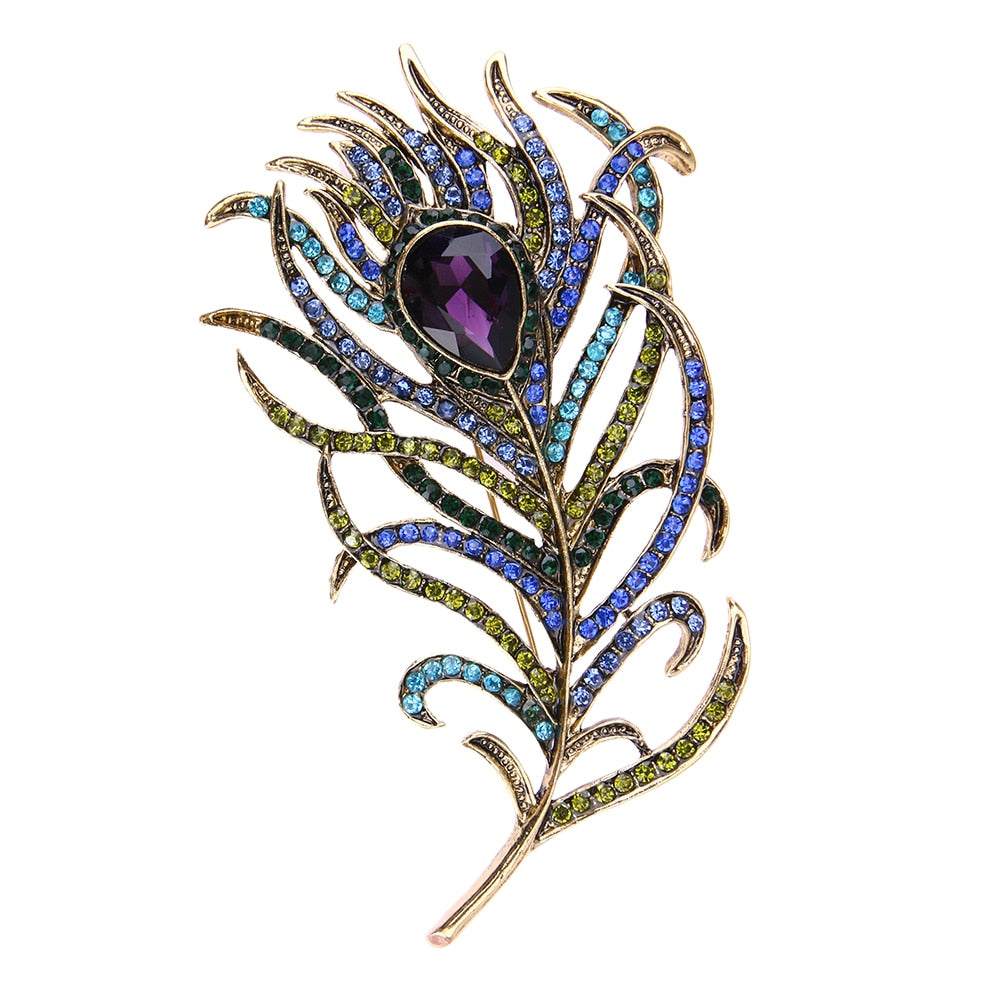 Crystal Peacock Feathers Brooch Boho Enamel Pins Deep Blue Brooches Wedding Accessories New Arrival