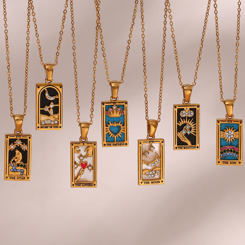 Maramalive™ Stainless Steel Tarot Necklaces with tarot cards on them.