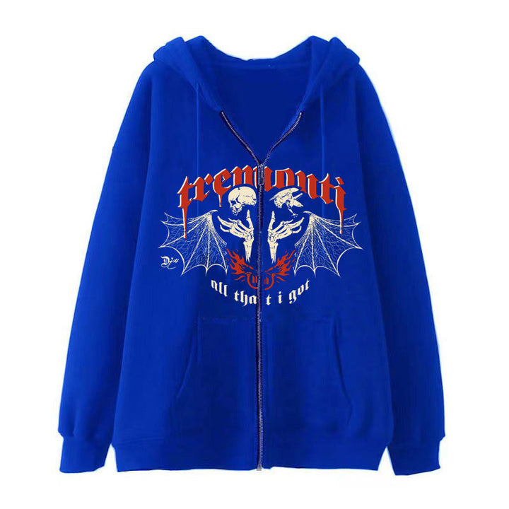 A royal blue Men's Skull Zippered Hoodie: The Ultimate Hooded Top by Maramalive™ with a graphic featuring two skulls, bat wings, and the text "Tremonti" and "All That I Got" on the front.