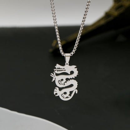 A Steel Dragon Necklace on a silver chain, Maramalive™.