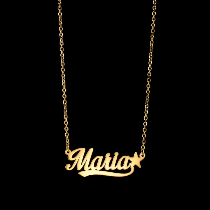 A Personalized Name Necklace Different Variations of a Heart Surrounding the Name you Choose with the brand name Maramalive™ on it.
