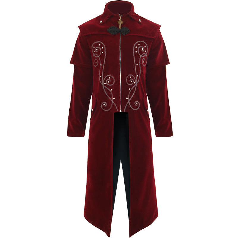 A man wearing a Vintage Cosplay Jacket - Striking Victorian Long Coat by Maramalive™.