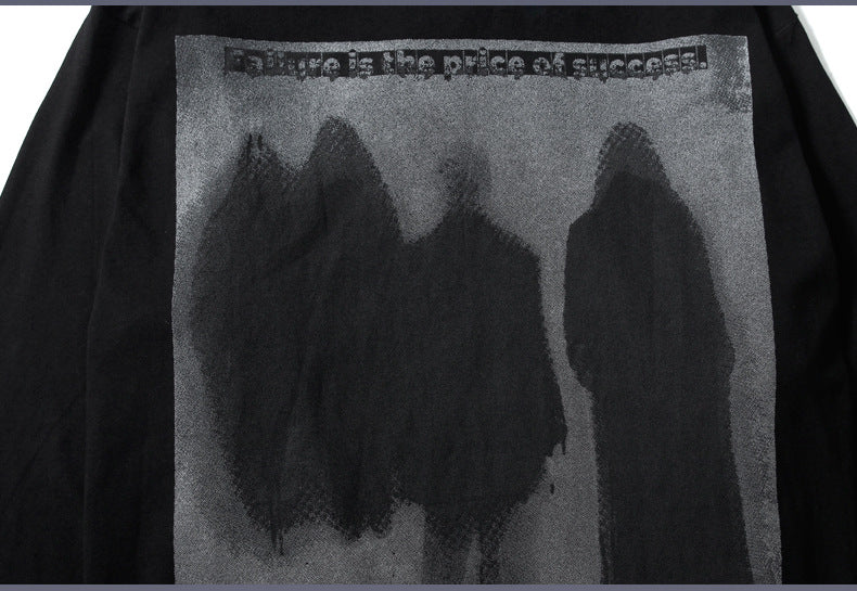 A grayscale image with three indistinct, shadowy human figures on a dark background, each clad in a Men's Dark Abstract Printing Long-sleeved T-shirt made of cotton fabric by Maramalive™. Text above reads: "Failure is the price of success!