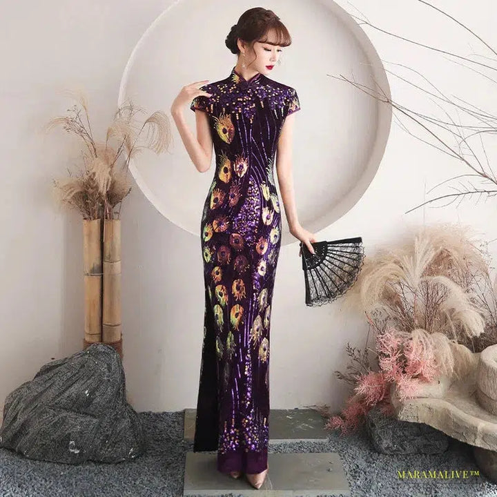 4XL Oversized Gothic Peacock Feather Sequin Evening Dress – Stunning Vibrant Purple Velour