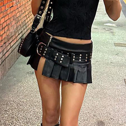 Dark Style Rivet Wide Belt Split Leather Summer Hot Girl Low Waist Skirt