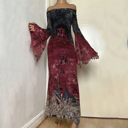 Dark Goth Style Retro Multicolor Printing Irregular Mesh Long Dress