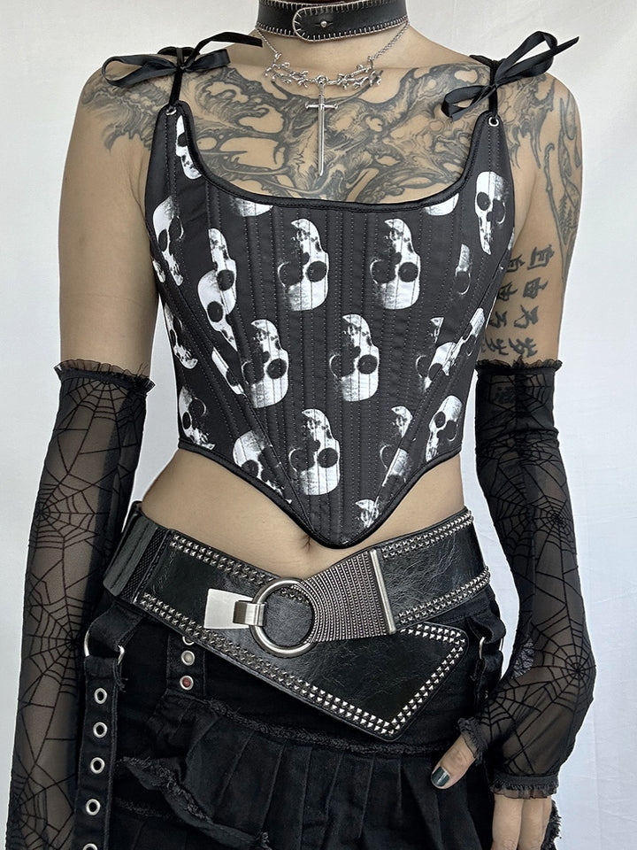 Person wearing a Maramalive™ Exclusive Dark Gothic Punk Corset tie Designs Unveiled, accessorized with a choker, layered necklaces, mesh gloves, and a belt on a black skirt for an edgy gothic punk look.