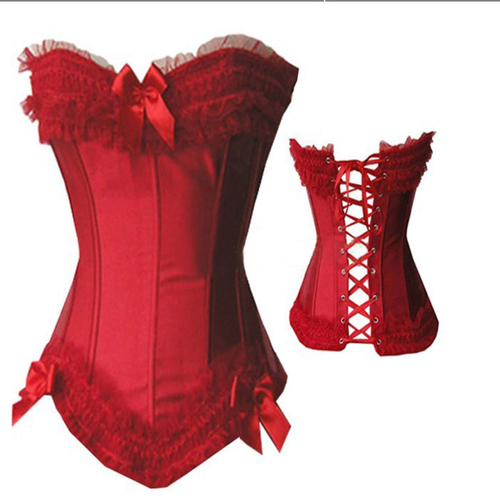 A Scarlet Squeeze: A Curve-Hugging Delight Gothic Vintage Red Corset Outer Wear Gathered Chest Support Waistband by Maramalive™, featuring ruffles, bows, and a Halloween statement.