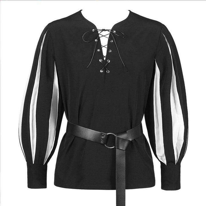 A Retro Color Matching Lace Up Collar Shirt Clothing For Women on a mannequin.