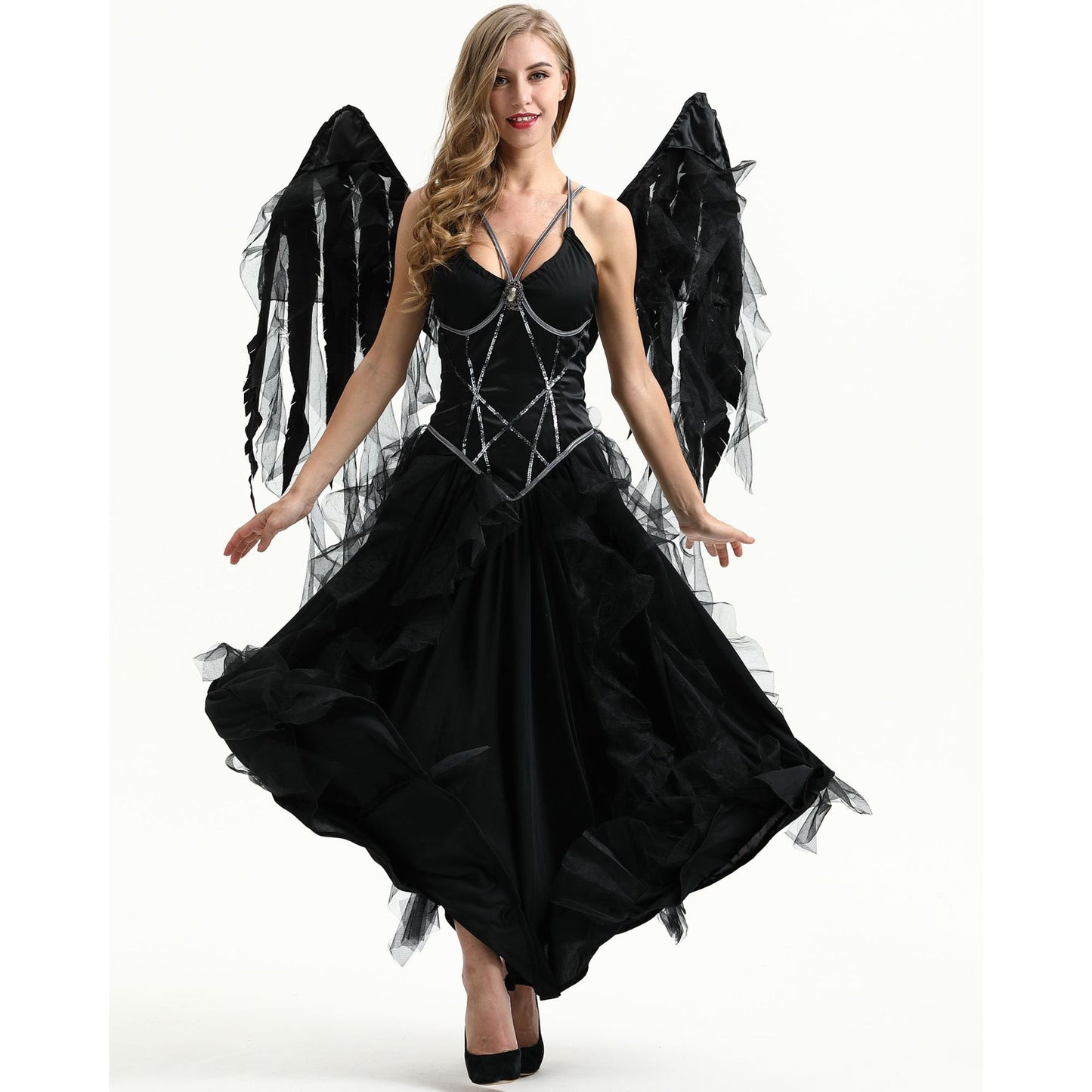 A woman in a black dress with smoky Forbidden Feathers: Halloween Demon Dark Angel Costume wings, wearing a fallen angel Halloween costume by Maramalive™.
