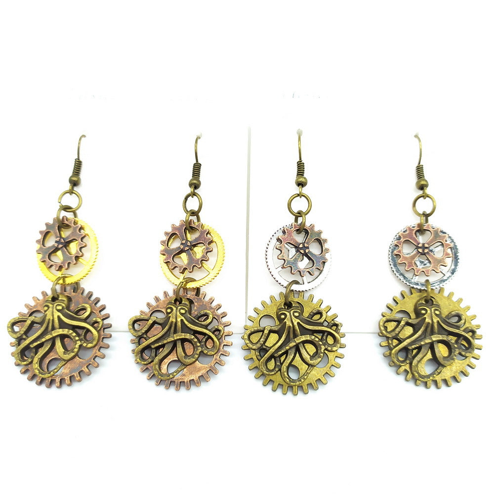 A group of four Maramalive™ Three-color Gear Octopus Steampunk Earrings.