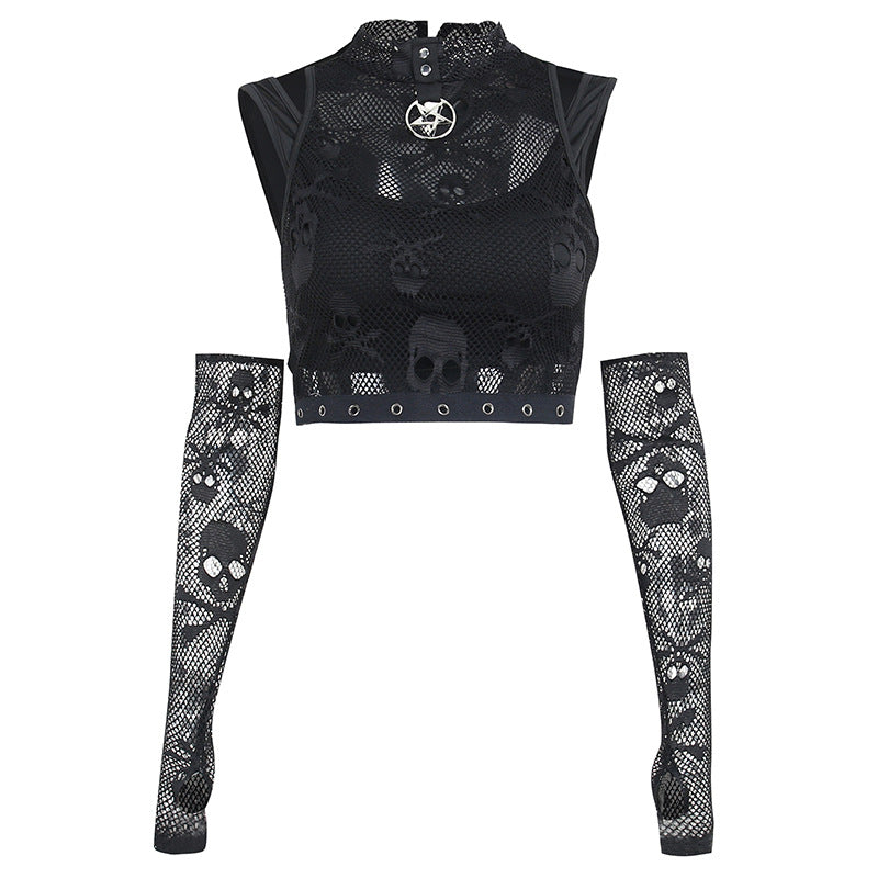 A woman wearing a black crop top and skirt with a touch of Maramalive™'s Raven’s Song: Skull Mesh Sleeve Lace See-through Gothic Vest Two-piece.