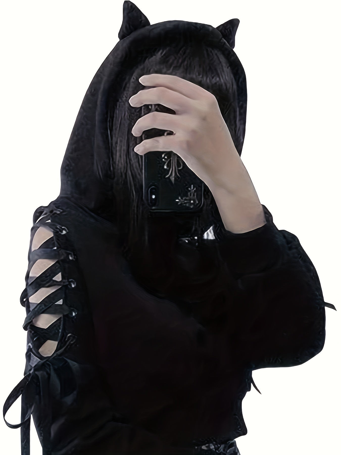 Person in a black Maramalive™ Halloween Gothic Cat Ear Hoodie, Cosplay Crop Sweatshirt, taking a selfie that hides their face behind a phone. The Polyester hoodie has unique lace-up detailing on the sleeves and embodies the Y2K style with its playful design.