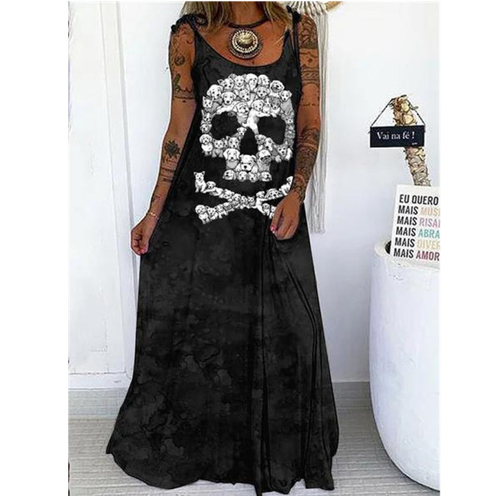 A rebellious fashionista wearing a Maramalive™ Edgy Elegance - Punk Skull Print Loose Plus Size Lace-up Dress with roses on it.