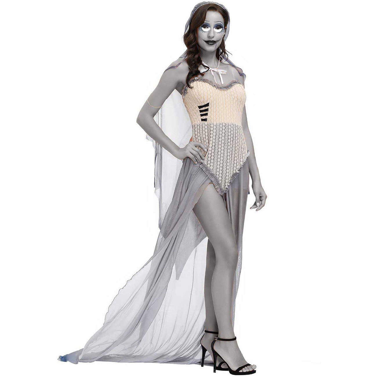 A woman is posing in a white dress with a veil, wearing the Zombie Spiritual Love Cloak Plus Size Halloween by Maramalive™.