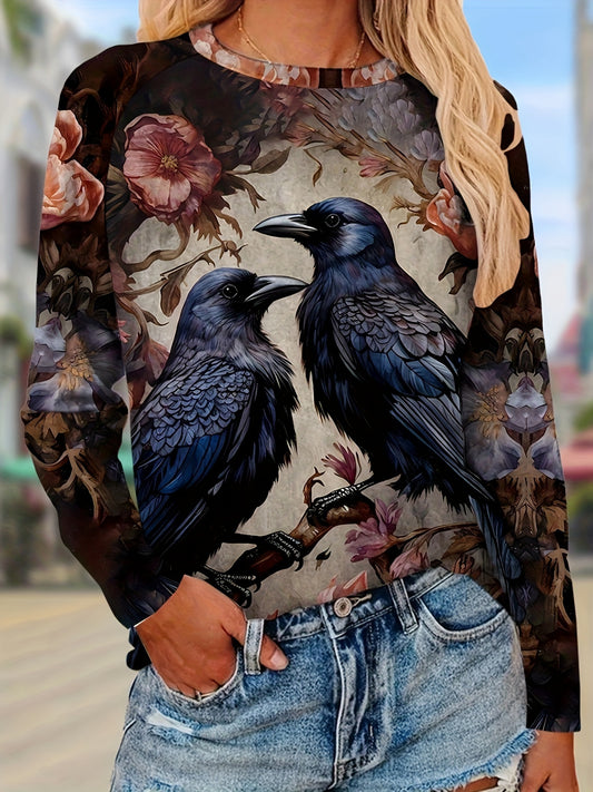 Birds & Floral Print T-shirt, Vintage Crew Neck Long Sleeve T-shirt, Women's Clothing