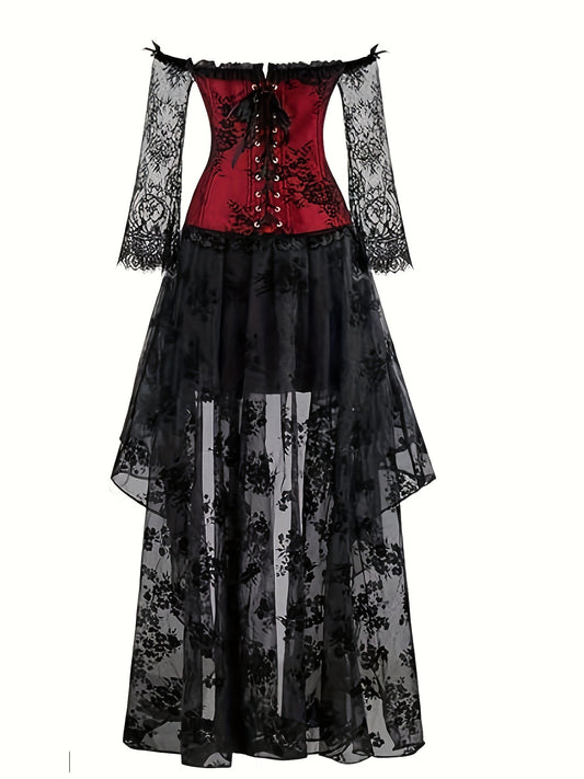 Gothic Style Off Shoulder Costumes, Vintage Contrast Lace Button Decor Carnival Costume, Women's Clothing