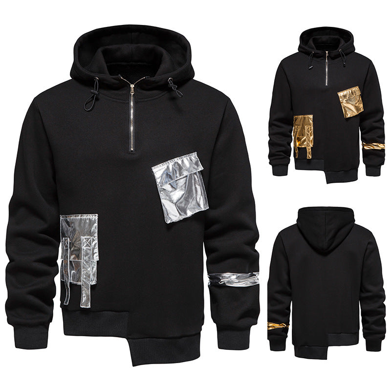 A Maramalive™ Men's Loose Dark Hoodie with metallic silver and gold patches, featuring a front zipper, long sleeves, and an uneven hem. Made from polyester fiber, the back is plain black. Shown from front, back, and side angles.