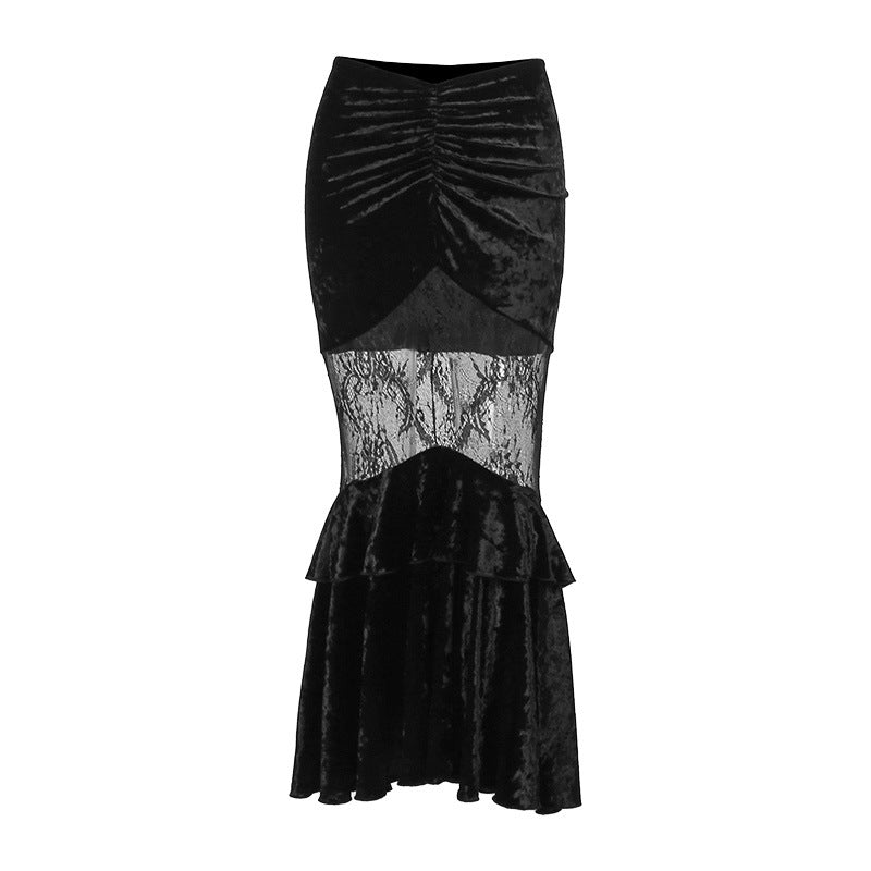 See-through Embossed Dress Dark Style Elegant Suede Lace Stitching Skirt