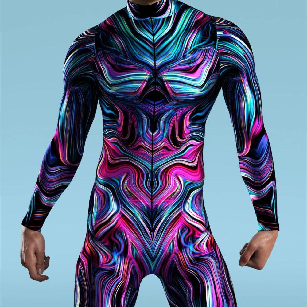 A person wearing the Maramalive™ Halloween Tights 3D Digital Printing Cos One-piece Play Costume with a vibrant, abstract, multi-colored pattern. The spandex costume features shades of blue, purple, pink, and black.