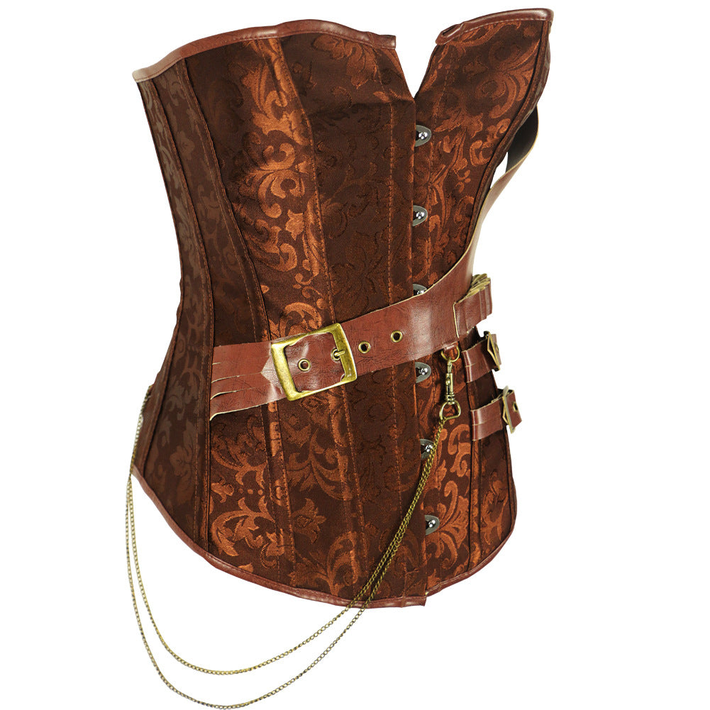 A Maramalive™ Steampunk Retro Corset, over Bust clothing. Worn to be seen, with brown leather straps and buckles.