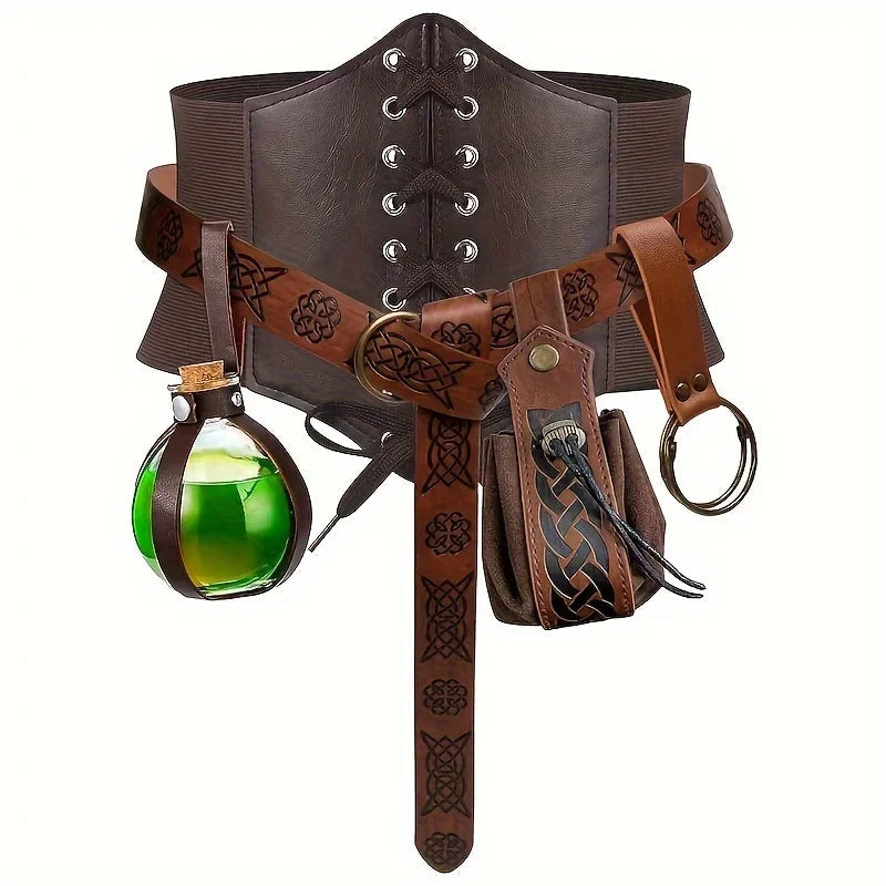 5 Piece Renaissance Costume Set Medieval Belt and Bag and Cork Bottle and Waist Guard Party Decoration Photography Props