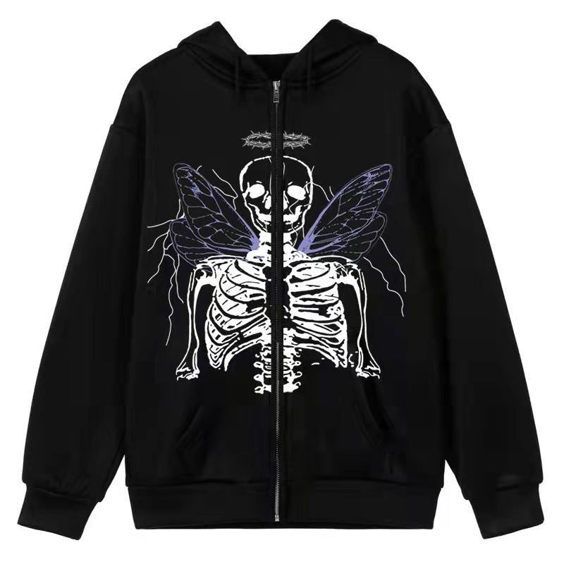 This black hooded zipper sweater, part of the Maramalive™ Comfy Zipper Hoodies for Fall: Hooded Sweatshirts & Sweaters collection, features a front image of a skeleton with blue wings and augmented arms, complete with a zip-up front and drawstring hood. It's the perfect autumn companion.