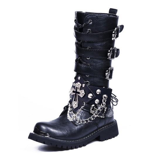 A pair of black punk boots with chains and studs from Maramalive™.