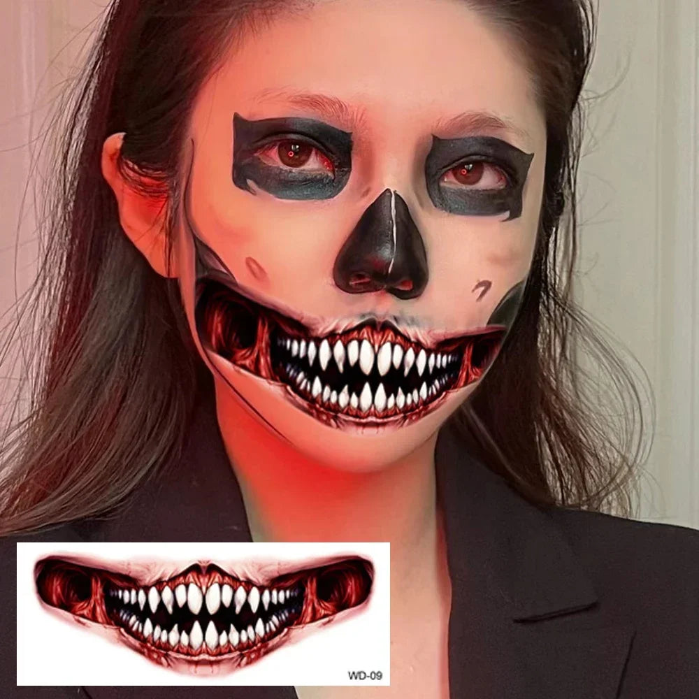 50pc Mysterious Halloween Horror Big Mouth Face Temporary Tattoo Stickers - Realistic Prank Makeup for DIY Cosplay