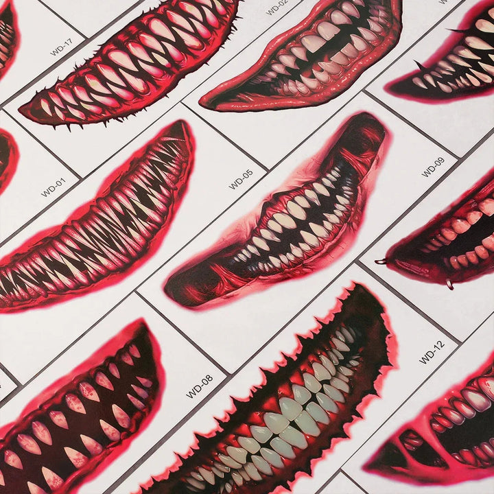 50pc Mysterious Halloween Horror Big Mouth Face Temporary Tattoo Stickers - Realistic Prank Makeup for DIY Cosplay