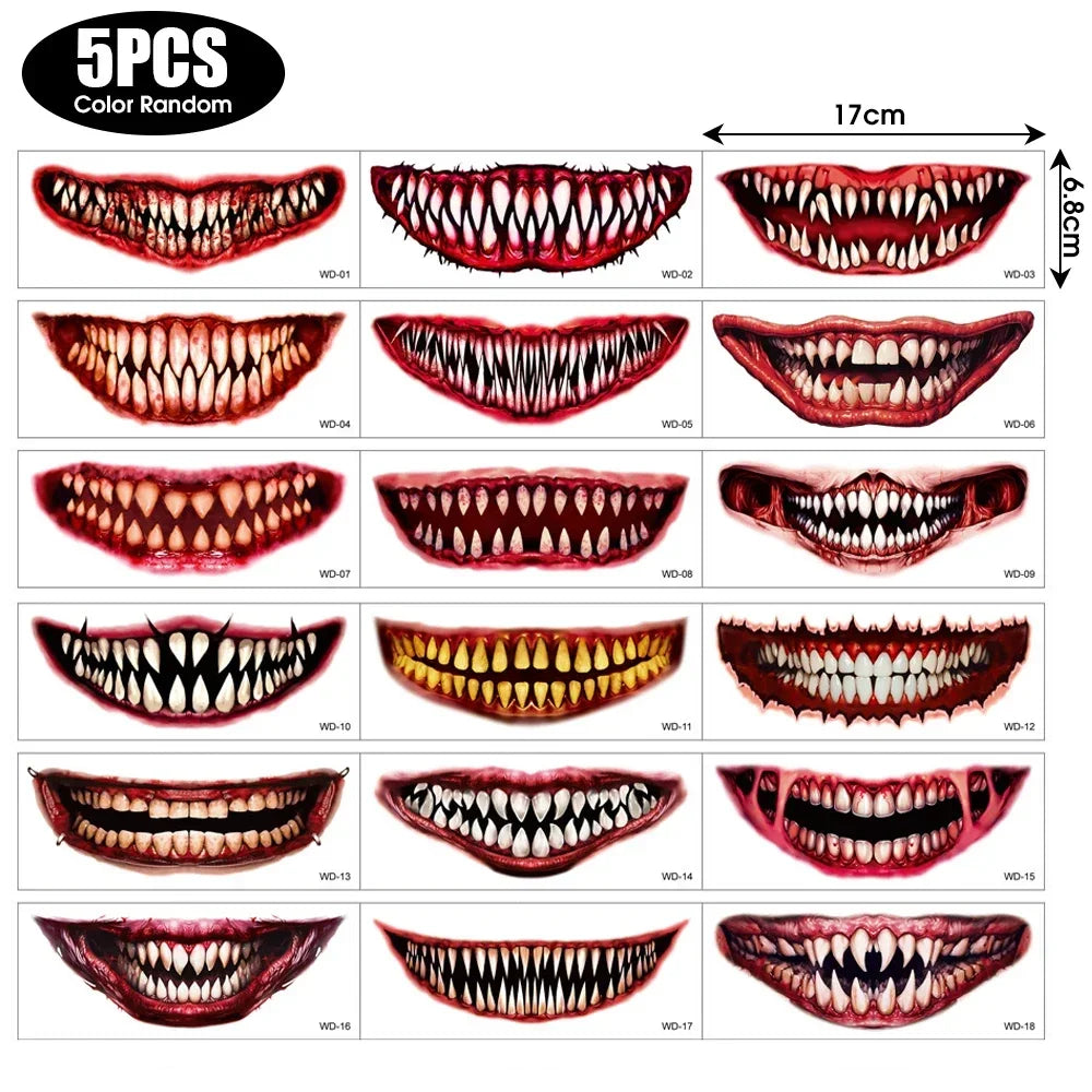 50pc Mysterious Halloween Horror Big Mouth Face Temporary Tattoo Stickers - Realistic Prank Makeup for DIY Cosplay