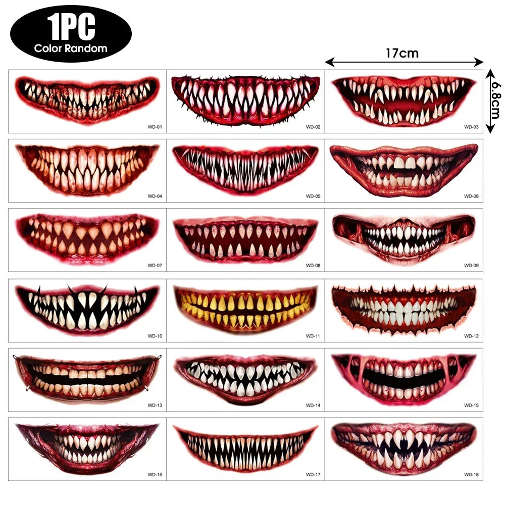 50pc Mysterious Halloween Horror Big Mouth Face Temporary Tattoo Stickers - Realistic Prank Makeup for DIY Cosplay