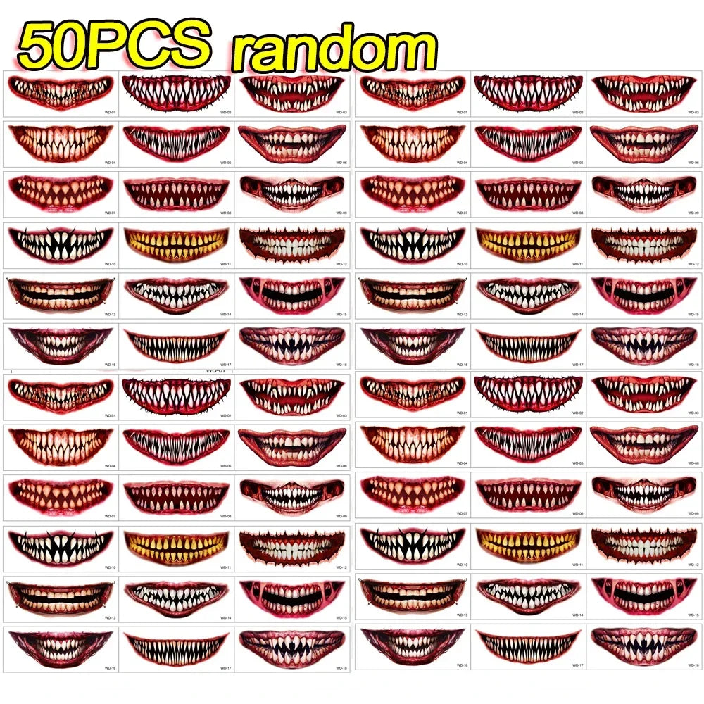 50pc Mysterious Halloween Horror Big Mouth Face Temporary Tattoo Stickers - Realistic Prank Makeup for DIY Cosplay