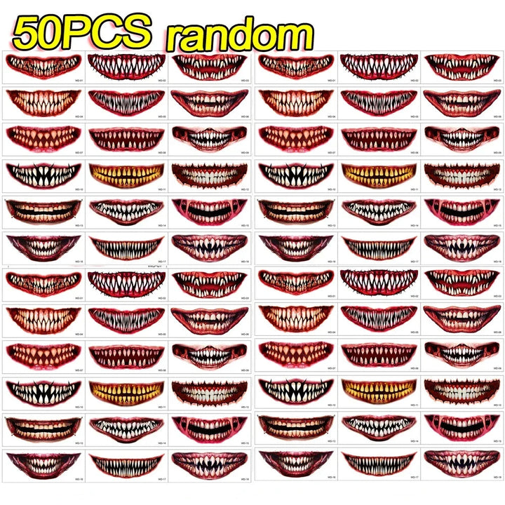 50pc Mysterious Halloween Horror Big Mouth Face Temporary Tattoo Stickers - Realistic Prank Makeup for DIY Cosplay