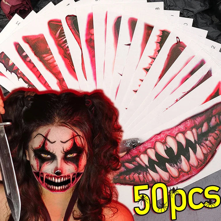 50pc Mysterious Halloween Horror Big Mouth Face Temporary Tattoo Stickers - Realistic Prank Makeup for DIY Cosplay