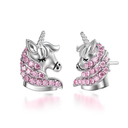 A pair of Maramalive's Sterling Silver Hypoallergenic Unicorn Stud Earrings Jewelry in pink crystal.