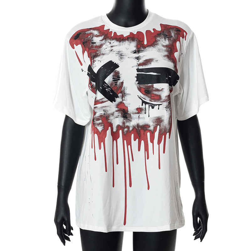 A white Chic Oversized Short Sleeve Tee for Women by Maramalive™ on a black mannequin features a graphic of black X symbols over eyes and red paint-like drips mimicking blood.