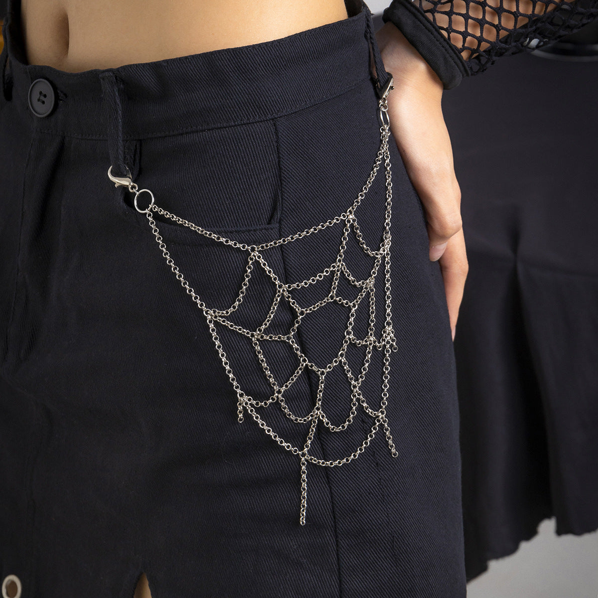 Sweet Cool Hot Girl Style Chain Body Clothing Chain Gothic Style Punk Spider Mesh Pants Zipper