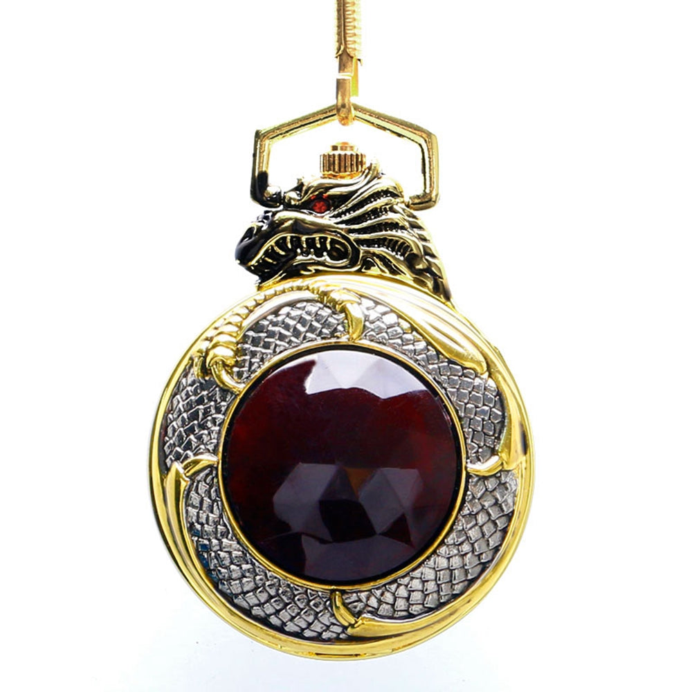 a Maramalive™ Creative golden dragon pocket watch with a large red stone in the center.