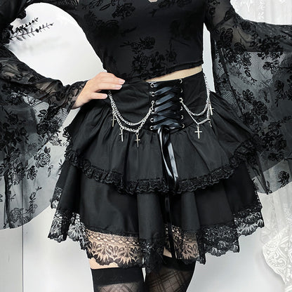 Halloween Party Style Slim Chain Cross Double Layer Gothic Skirt Women