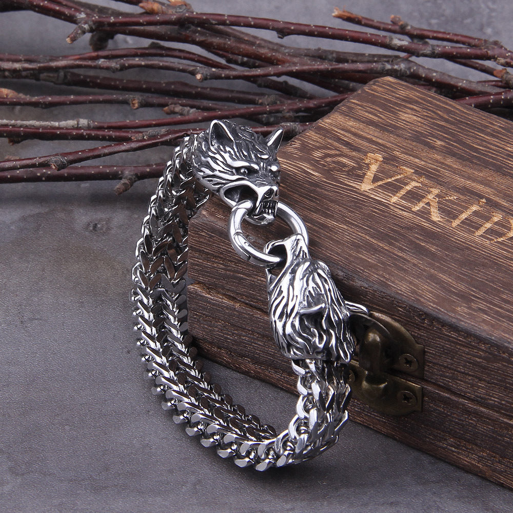 Maramalive™ Viking Wolf Head Titanium Steel Bracelet on a wooden box.