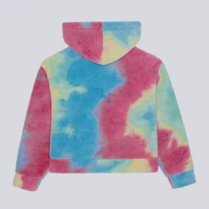 A Maramalive™ Lamb Velvet Lazy Style Loose Tie Dyed Hoodie with a colorful tie-dye pattern in blue, pink, yellow, and green. The fabric appears soft and fuzzy.