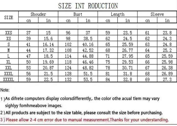 Size chart displaying measurements in centimeters and inches for different clothing sizes from XXS to XXXXL. It also includes notes about possible color differences and a 2-4 cm measurement error. Perfect for finding your fit in our Dark Gothic Zip Sweater: Wardrobe's Stylish Must-Have by Maramalive™.