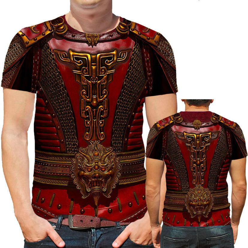 Two individuals are wearing red and gold ornate armor-themed T-shirts, crafted with intricate digital printing to resemble detailed armor. Made from Polyester Fiber, these comfortable 3D Printed Men's Crew Neck Casual T-shirts from Maramalive™ capture every eye. The person in the foreground has hands casually tucked in pockets.