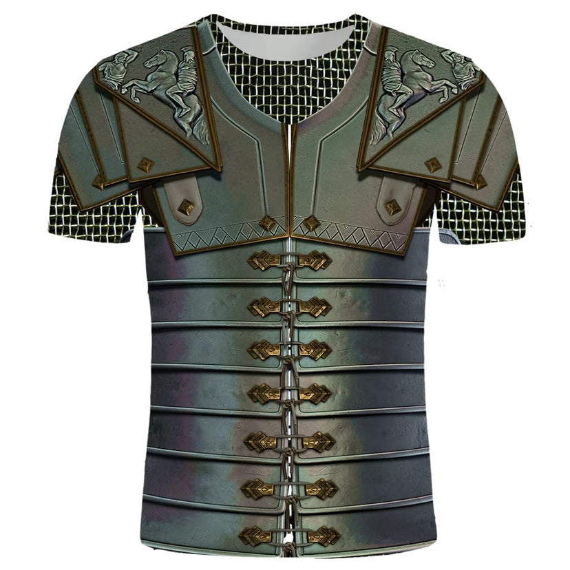A short-sleeved Maramalive™ 3D Printed Men's Crew Neck Casual T-shirt designed to look like medieval plate armor with intricate details and metallic hues, crafted from durable Polyester Fiber using advanced digital printing techniques.